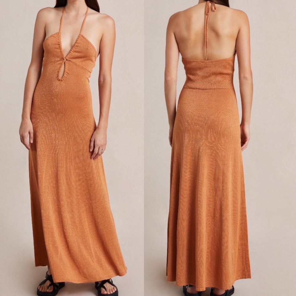 Bec & Bridge Indya Knit Maxi Dress Orange Halter‎ Neck Metallic Size 10